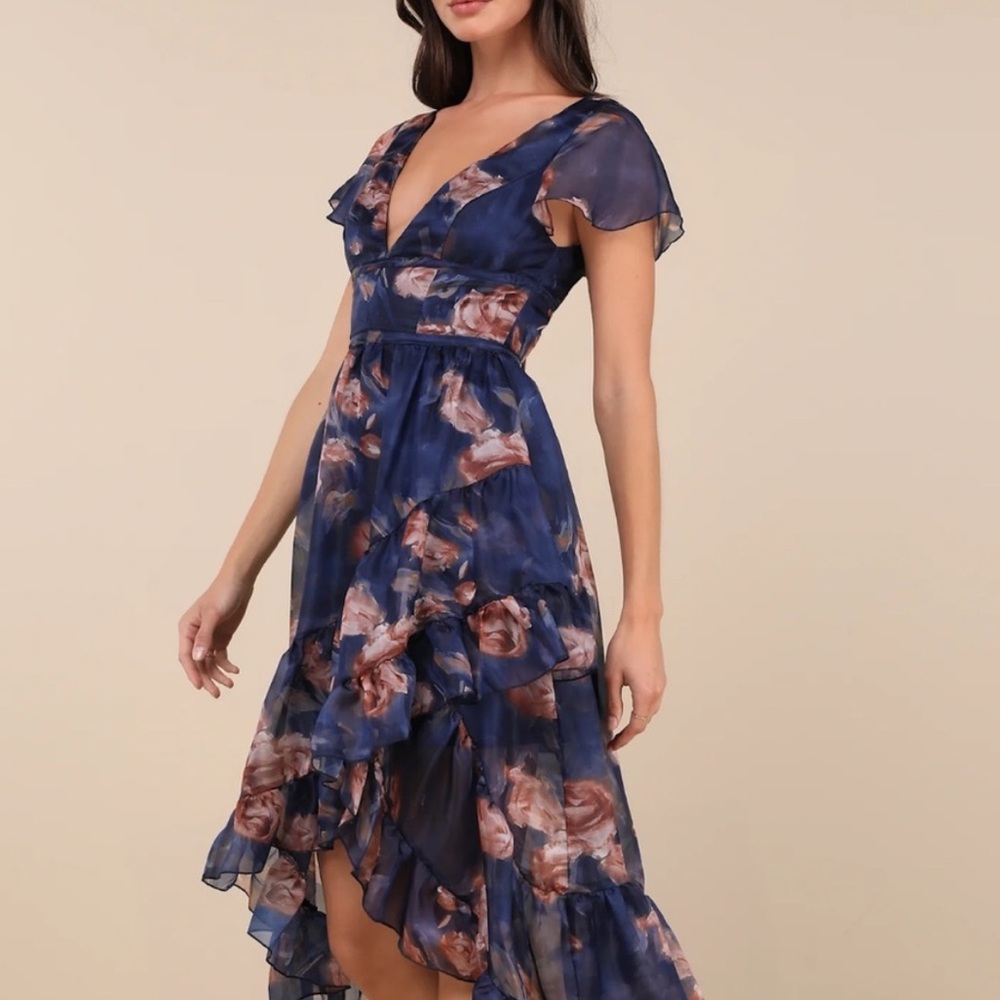 Lulu's Navy & Blush Floral Ruffle Midi Dress